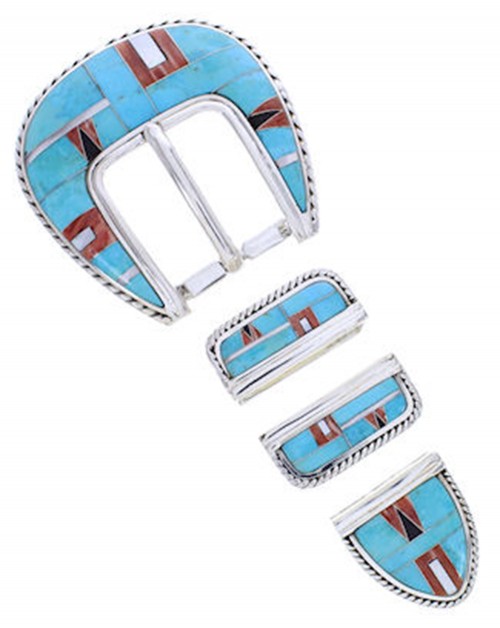 Multicolor Inlay Turquoise Sterling Silver Ranger Belt Buckle AW70607