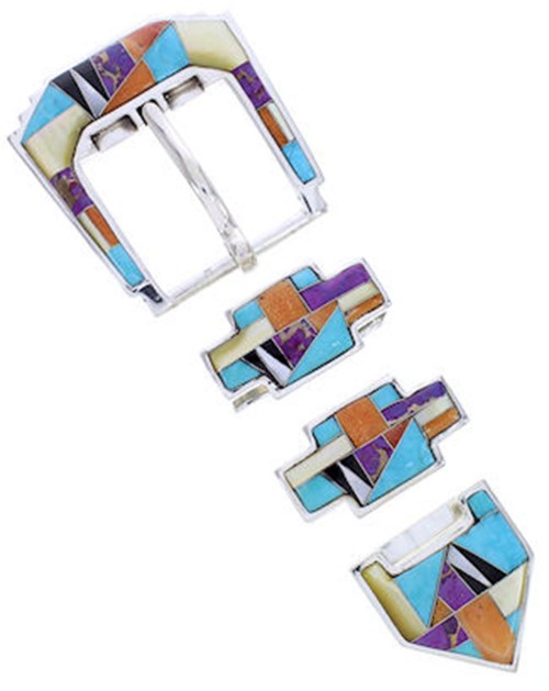 Turquoise Multicolor Inlay Sterling Silver Ranger Belt Buckle AW70586