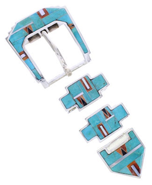 Sterling Silver Turquoise And Multicolor Ranger Belt Buckle AW70611