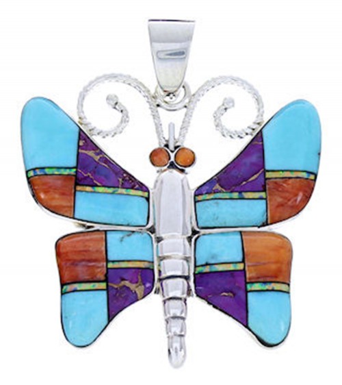 Silver Southwest Butterfly Multicolor Turquoise Pendant AW70677