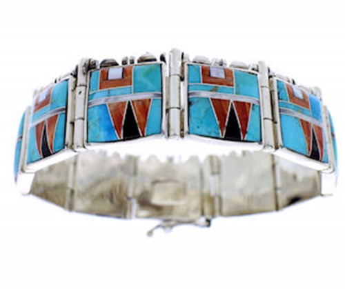 Multicolor Inlay Jewelry Genuine Sterling Silver Link Bracelet BW71197