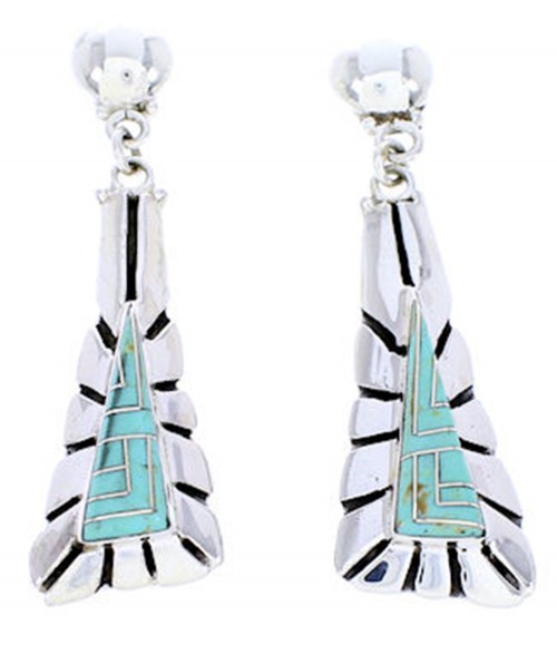 Turquoise Inlay Southwest Sterling Silver Post Dangle Earrings AW71219