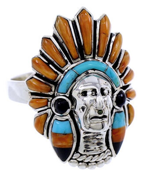 Silver Multicolor Inlay Chief Head Ring Size 8-1/2 NS43167