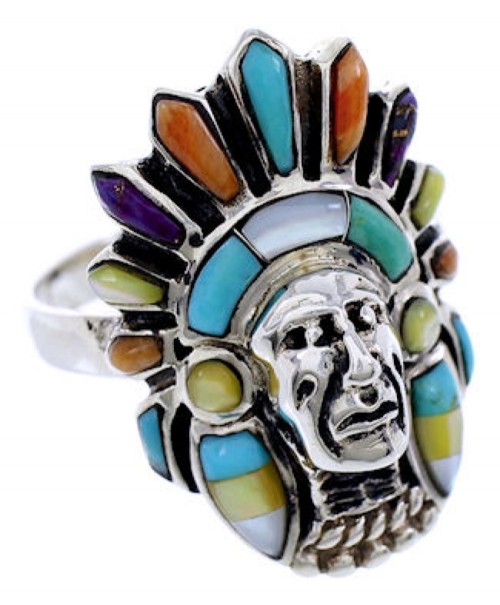 Multicolor Inlay Chief Head Silver Jewelry Ring Size 8-1/4 BW71505