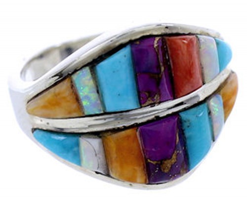 Turquoise Multicolor Inlay Silver Jewelry Ring Size 6-1/4 BW71545 