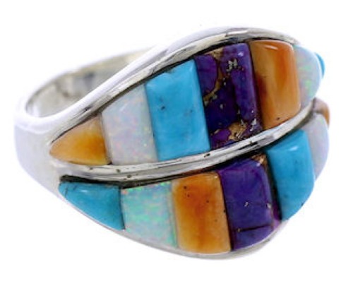 Southwest Multicolor Inlay Jewelry Silver Ring Size 8-1/4 BW71566 
