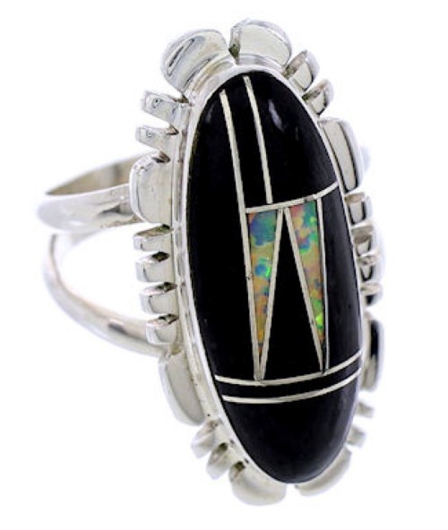 Genuine Sterling Silver Jet And Opal Inlay Ring Size 7-1/4 AW71860 