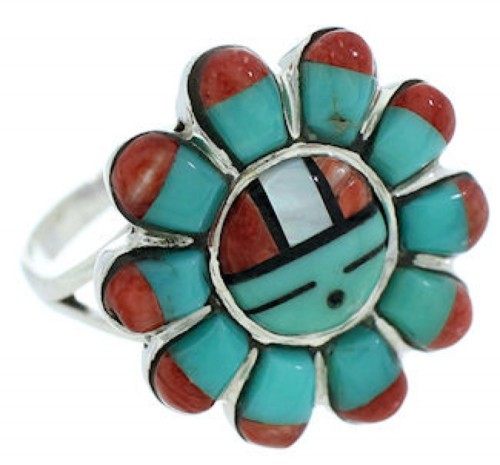 Multicolor Inlay Sun Silver Southwest Jewelry Ring Size 7-3/4 YS72201 