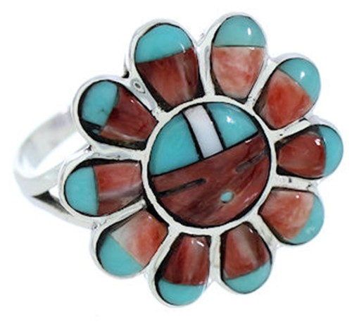 Silver Southwest Multicolor Inlay Sun Jewelry Ring Size 8-3/4 YS72224 