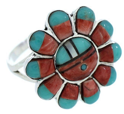 Silver Jewelry Southwest Multicolor Inlay Sun Ring Size 7-3/4 YS72245
