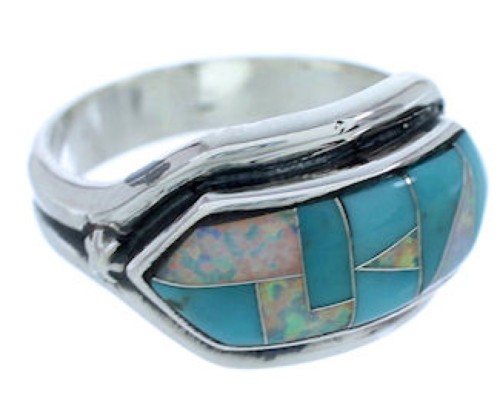 Turquoise Opal Inlay Southwestern Silver Ring Size 7-3/4 BW72283 