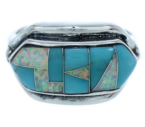 Turquoise Opal Inlay Southwestern Silver Ring Size 7-3/4 BW72283