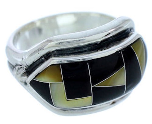 Yellow Mother Of Pearl And Black Jade Jewelry Ring Size 6-3/4 BW72411