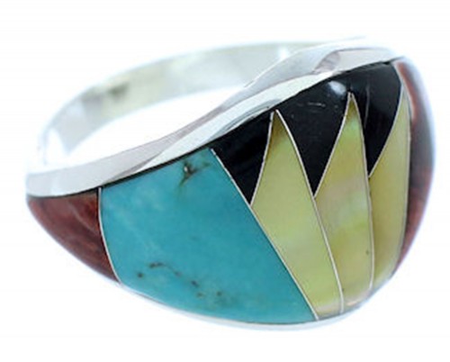 Turquoise And Multicolor Inlay Sterling Silver Ring Size 7-3/4 AW73136