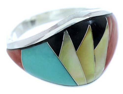 Southwestern Turquoise Multicolor Inlay Silver Ring Size 7-1/2 AW73269