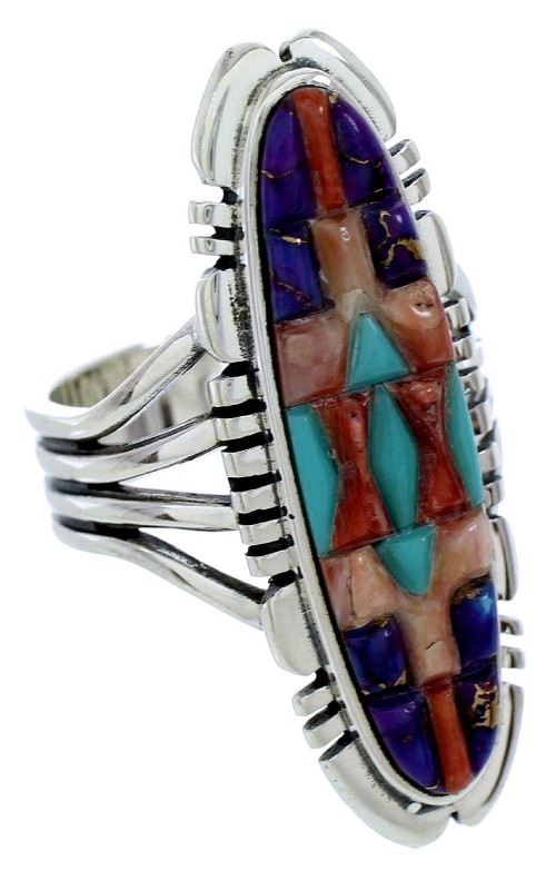 Southwest Multicolor Inlay Silver Jewelry Ring Size 8-1/4 BW72697