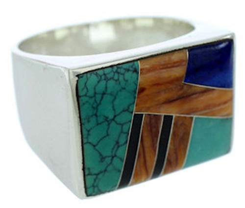 Southwest Sterling Silver Multicolor Inlay Ring Size 12-1/2 YS72777