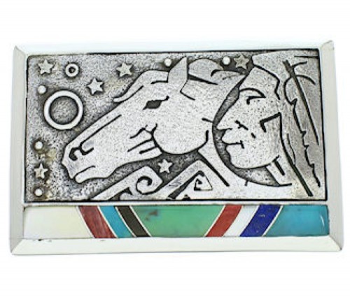 Southwest Multicolor Chief Head Horse Silver Belt Buckle AW75363