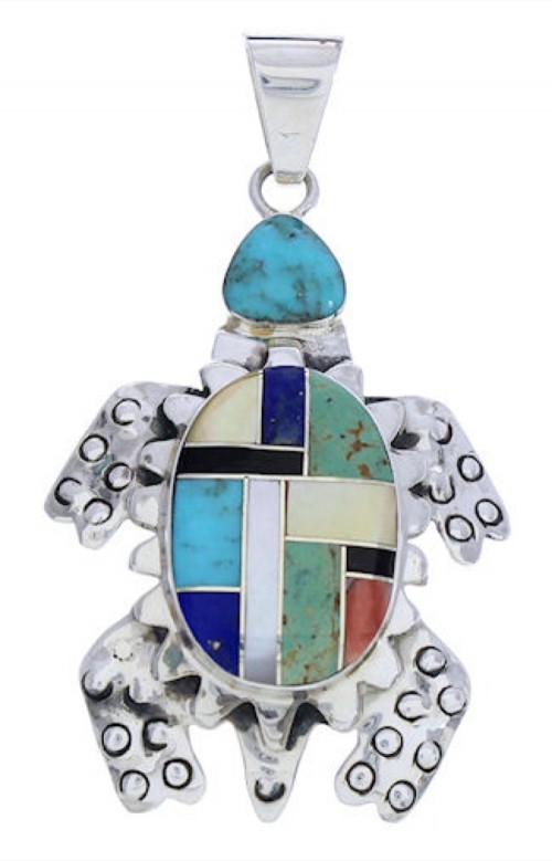 Multicolor Inlay Sterling Silver Turtle Pendant AX23683