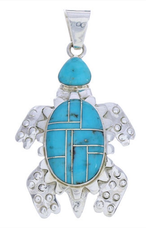 Turquoise Inlay Sterling Silver Turtle Southwest Pendant AX23713