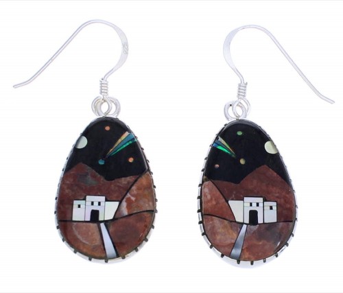 Multicolor Inlay Native American Village Design Earrings EX31663