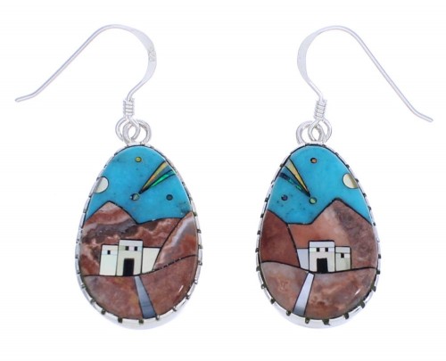 Native American Village Design Multicolor And Silver Earrings EX31665