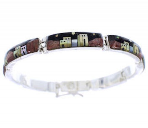 Native American Village Design Multicolor Silver Link Bracelet EX28403