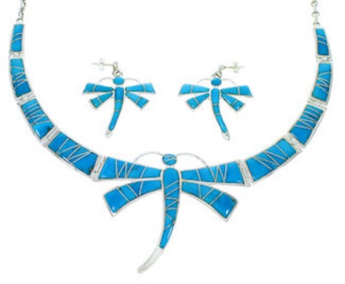 Sterling Silver Dragonfly Turquoise Inlay Link Necklace Set RS74412