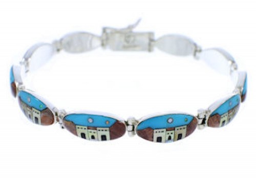 Silver Multicolor Native American Village Design Link Bracelet GS74745