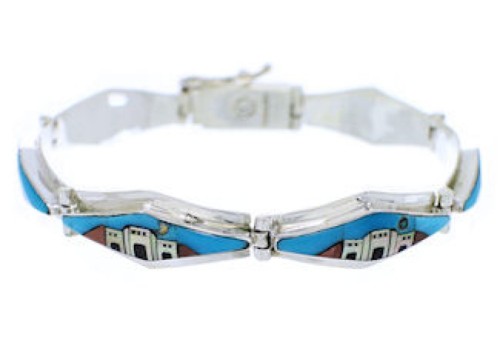 Silver Native American Village Design Multicolor Link Bracelet GS74746