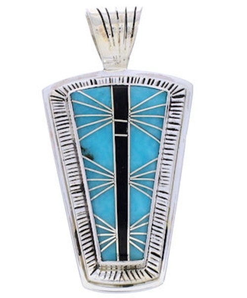Jet Turquoise Inlay Sterling Silver Southwest Pendant MW75158