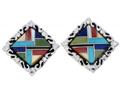 Multicolor Inlay Southwestern Sterling Silver Post Earrings GS75046