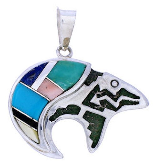 Multicolor Inlay Southwestern Silver Bear Arrow Slide Pendant MW74932