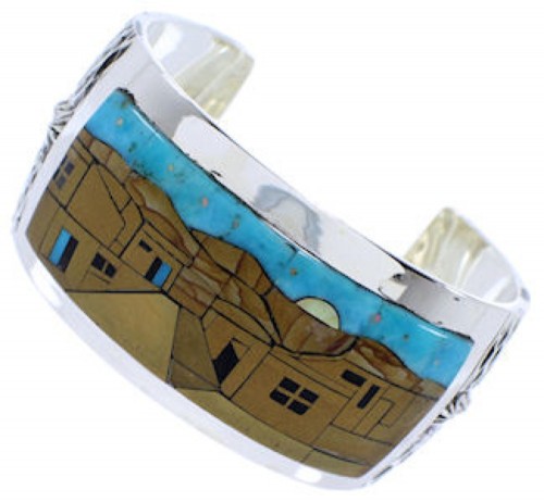 Silver Native American Village Design Multicolor Cuff Bracelet MX28013