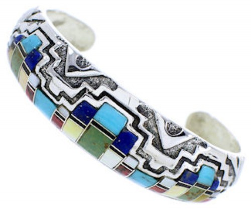 Multicolor Inlay Silver Southwestern Cuff Bracelet MX27179