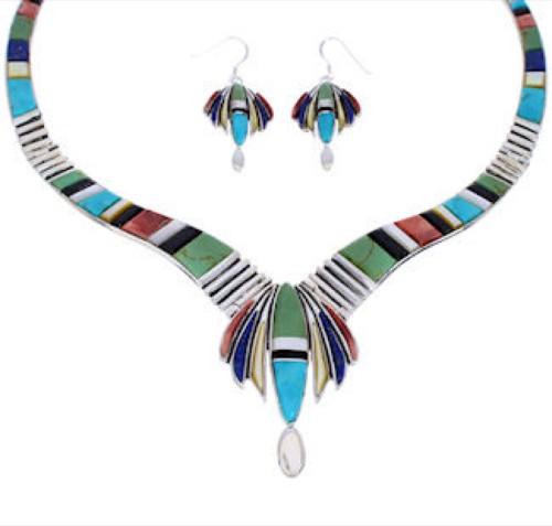 Multicolor Inlay Sterling Silver Link Necklace Earrings Set GS75564