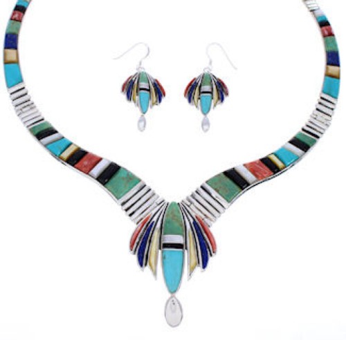 Multicolor Sterling Silver Link Necklace Earrings Set GS75570