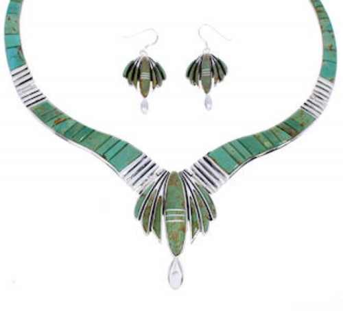 Turquoise Inlay Sterling Silver Link Necklace Earrings Set GS75611