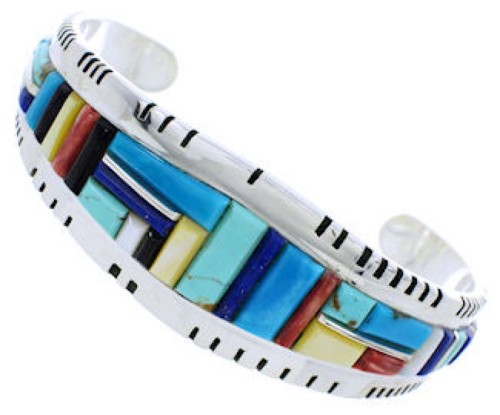 Multicolor Inlay Genuine Sterling Silver Jewelry Cuff Bracelet EX27337