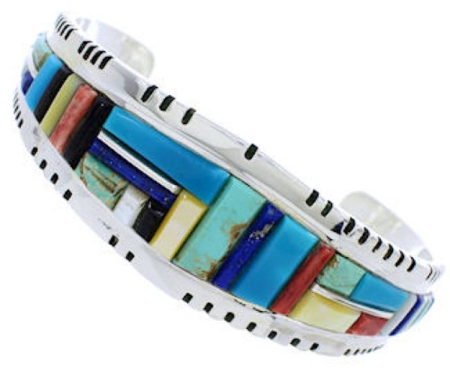 Multicolor Inlay Southwestern Sterling Silver Cuff Bracelet EX27347