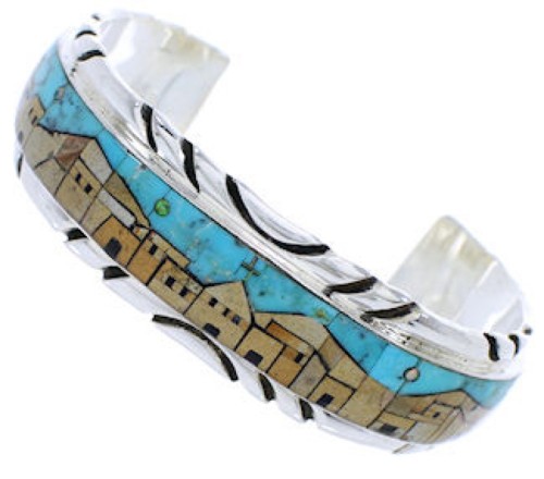Native American Village Design Multicolor Silver Cuff Bracelet MW75559