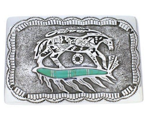 Turquoise Southwest Horse Feather Sterling Silver Belt Buckle EX29157