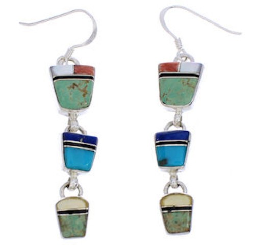 Multicolor Inlay Southwest Silver Hook Dangle Earrings EX30427