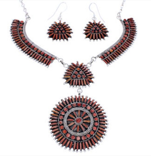 Southwest Jewelry Red Oyster Shell Link Necklace Earrings Set PX35830