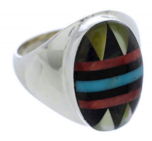 Southwestern Sterling Silver Multicolor Inlay Ring Size 9-1/2 UX39433