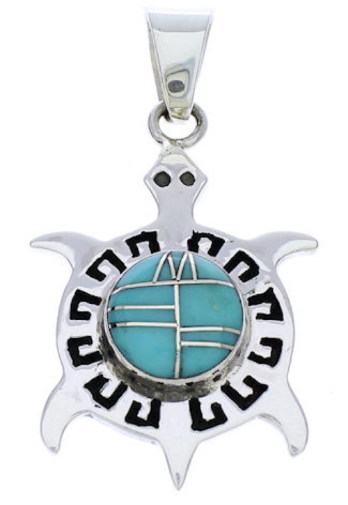 Sterling Silver Turquoise Inlay Turtle Pendant Jewelry EX28653