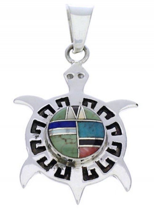 Multicolor Inlay Southwest Sterling Silver Turtle Pendant EX28657