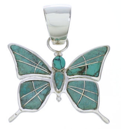 Southwest Turquoise Inlay Butterfly Sterling Silver Pendant EX28679