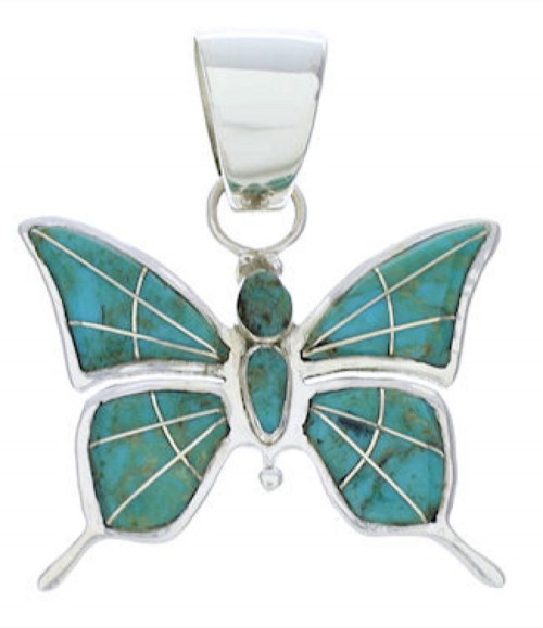 Southwest Butterfly Turquoise Inlay Sterling Silver Pendant EX28687