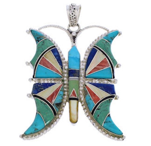 Multicolor Southwestern Sterling Silver Butterfly Pendant AX23536